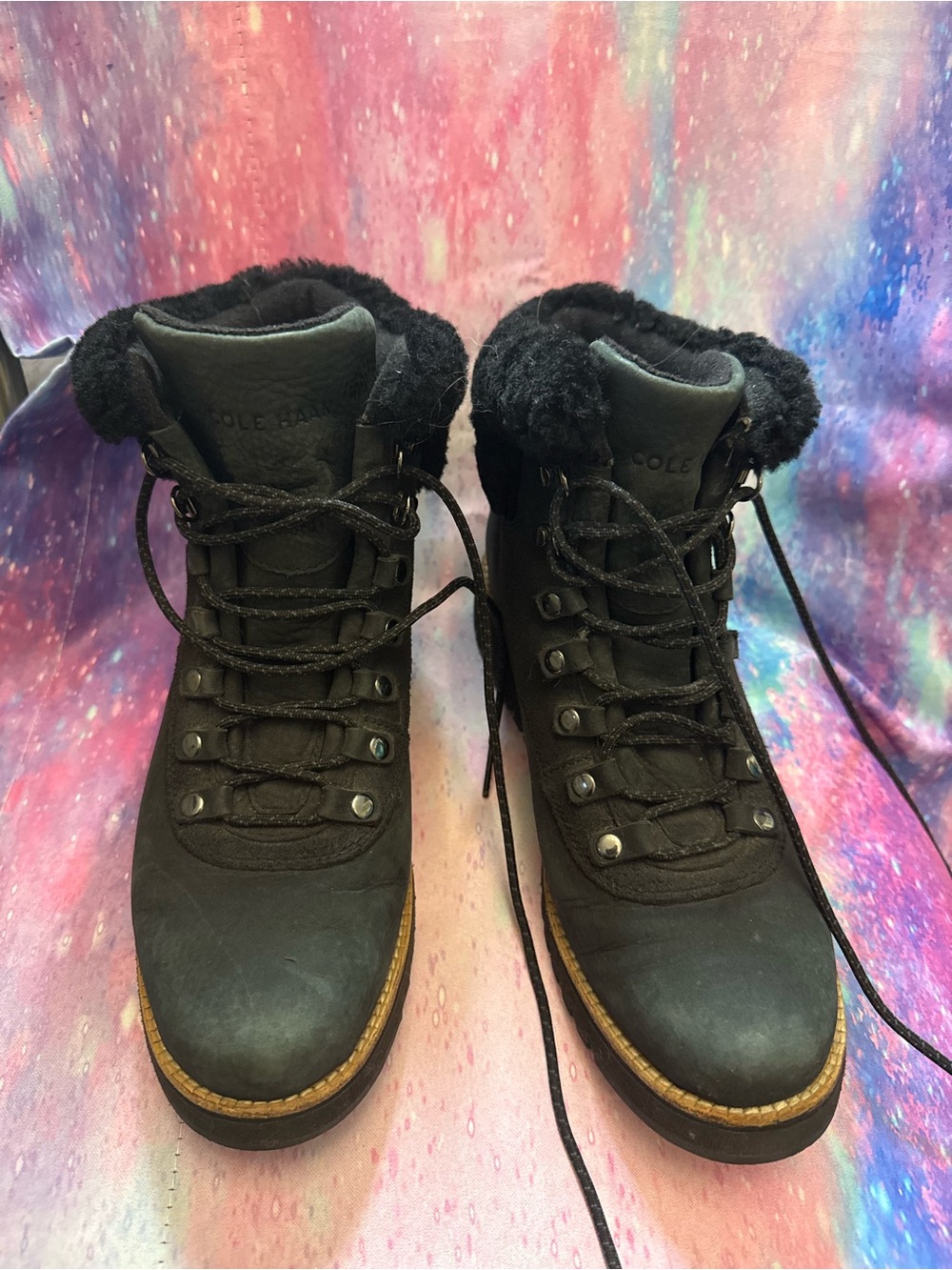 Cole Haan Black Lace-Up Fur-Trim Winter Boots